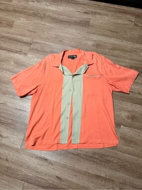 Nat Nast Mens L Silk Button Up Short Sleeve Shirt Coral Tan Striped Color Block